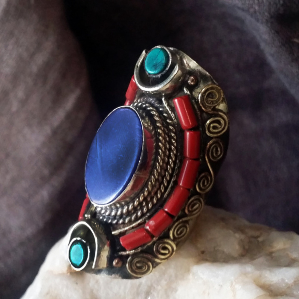Large Silver Coral, Lapis Turquoise Stone Ring